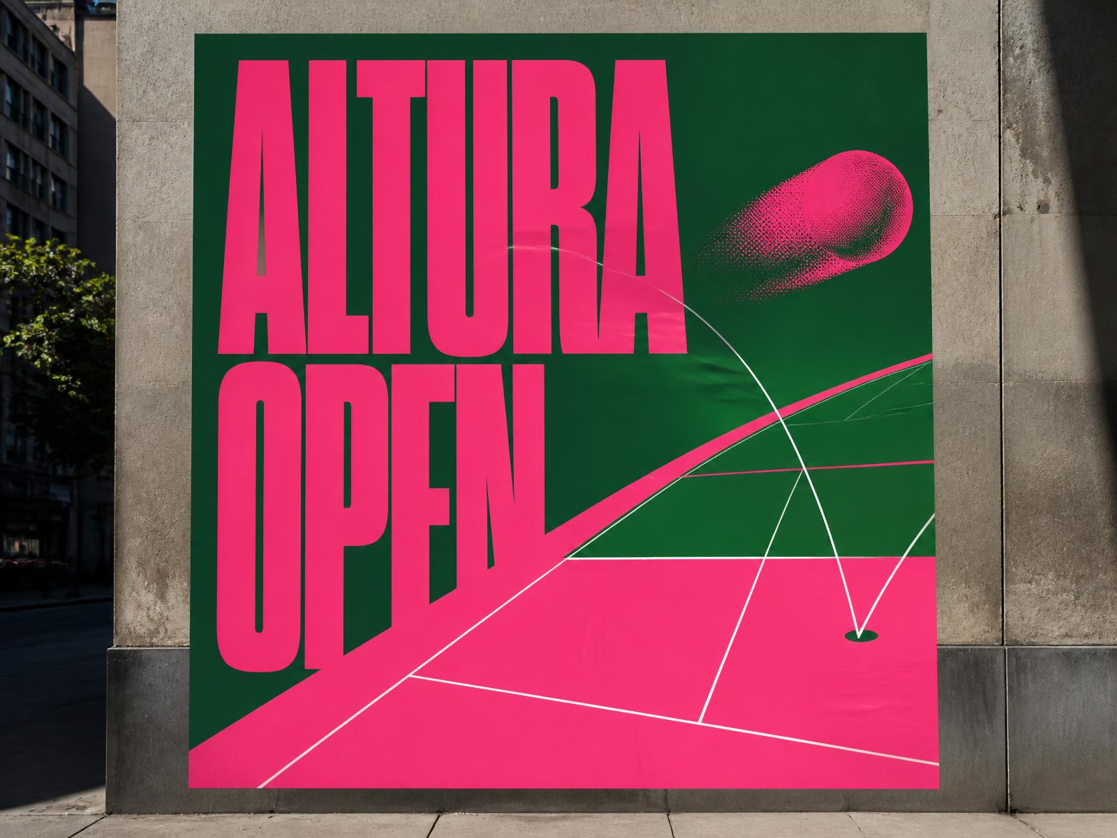 Altura Open poster on a city wall: magenta condensed lettering on court green