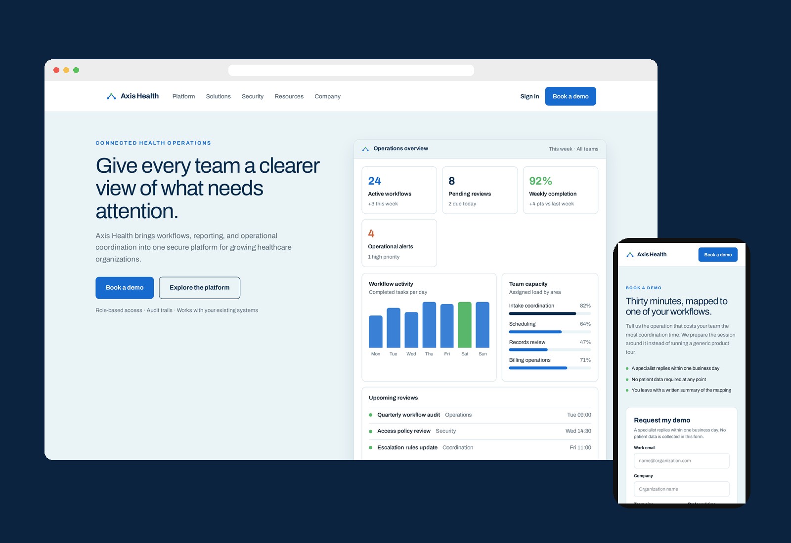 Axis Health concept: laptop showing the redesigned hero and a mobile demo request screen