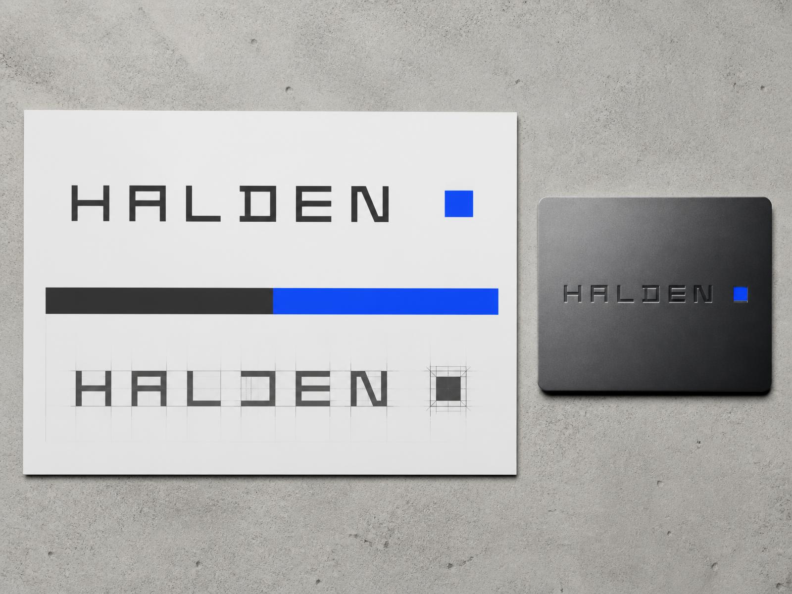 Halden identity board with monospaced wordmark and graphite metal card