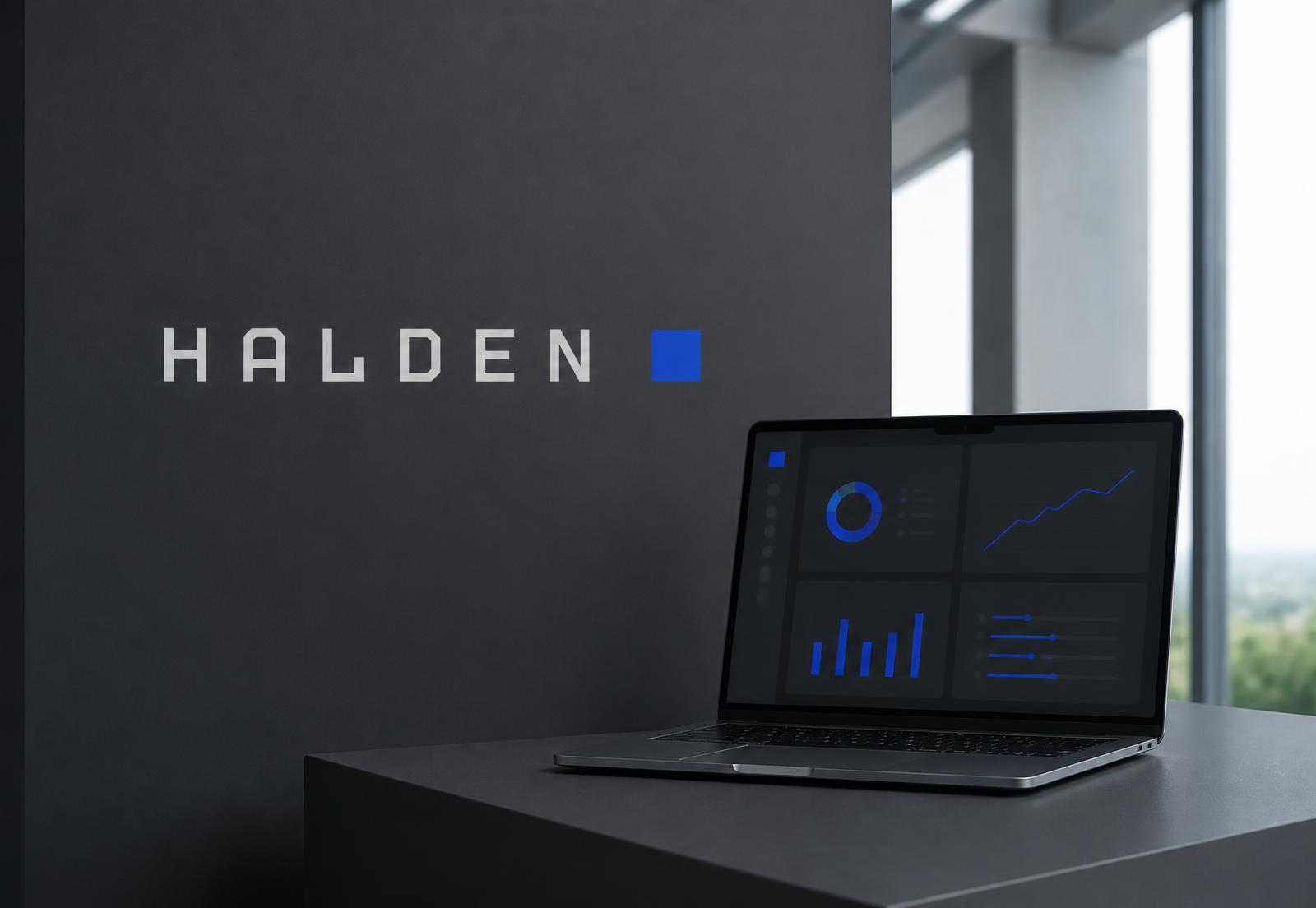 Halden wall signage next to a laptop showing a dark product dashboard