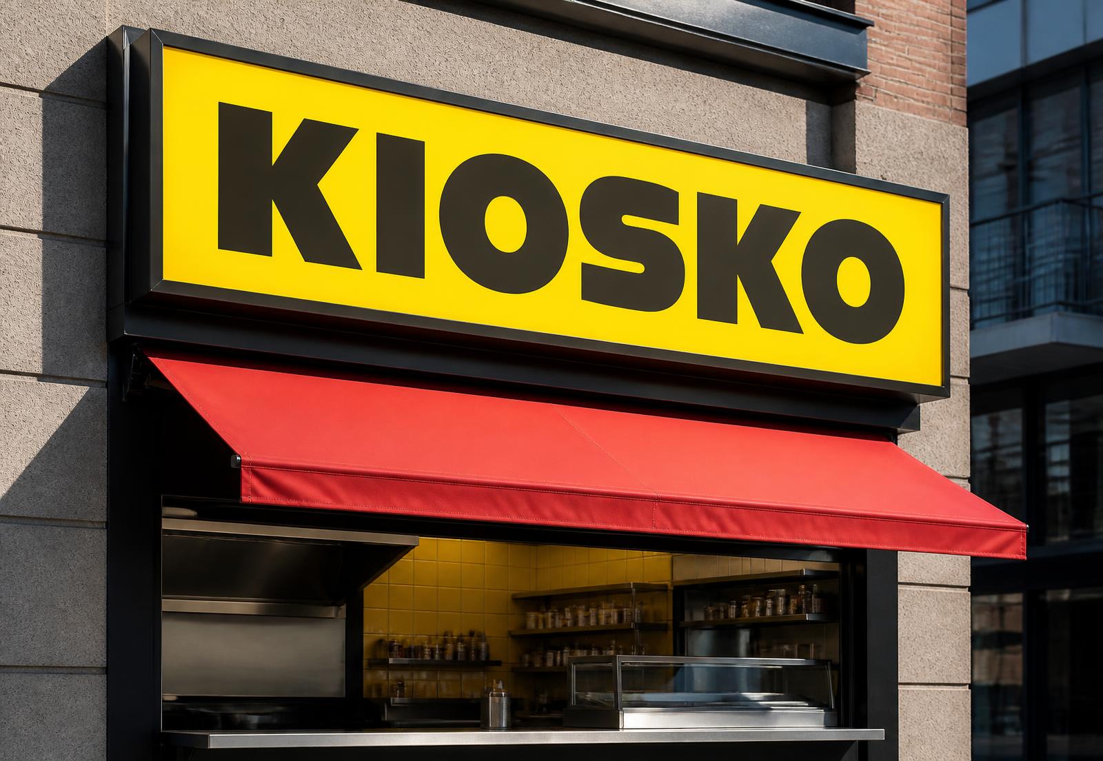 Kiosko street stall with yellow illuminated sign and red awning