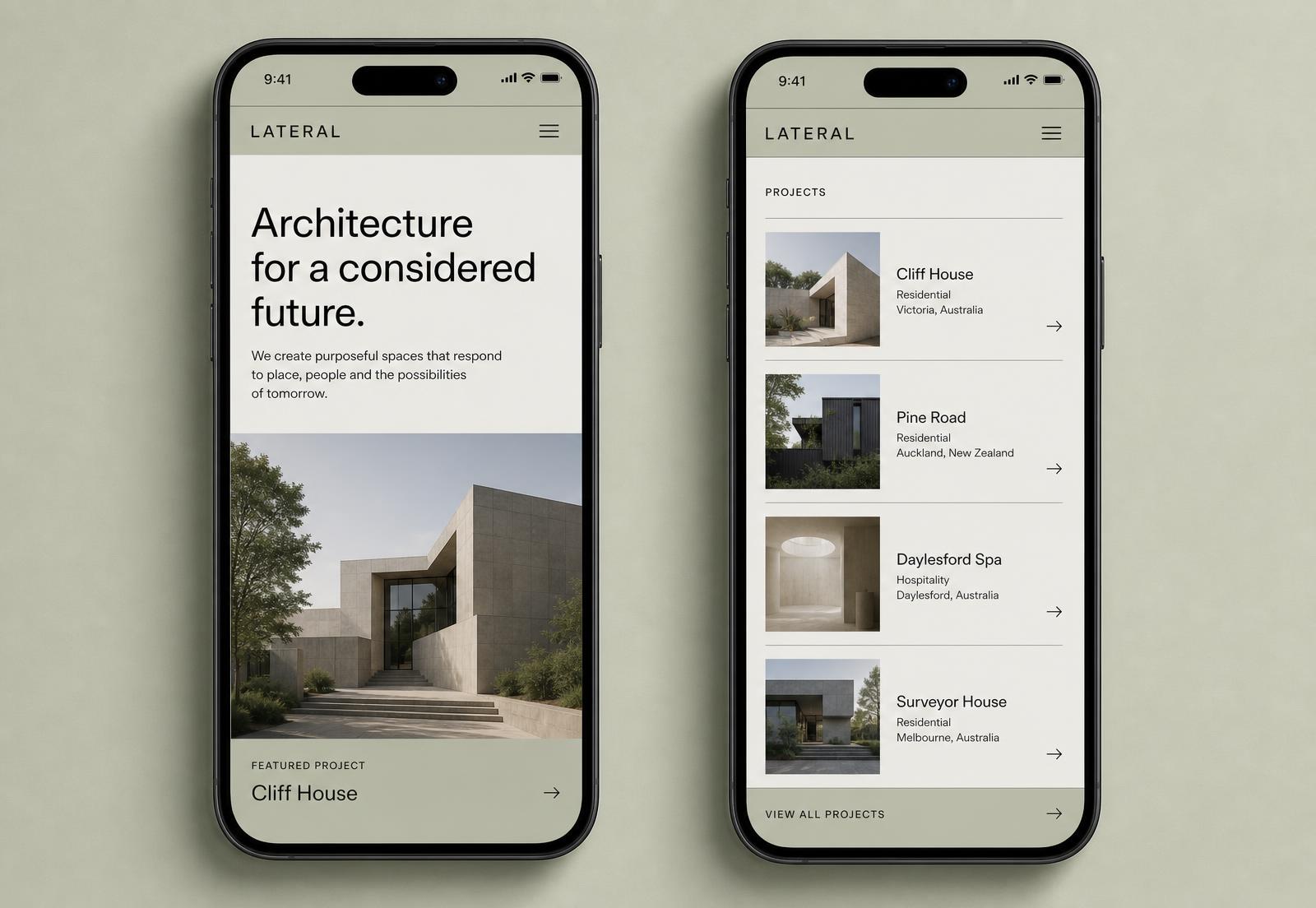 Lateral website shown on two smartphones: home screen and project index