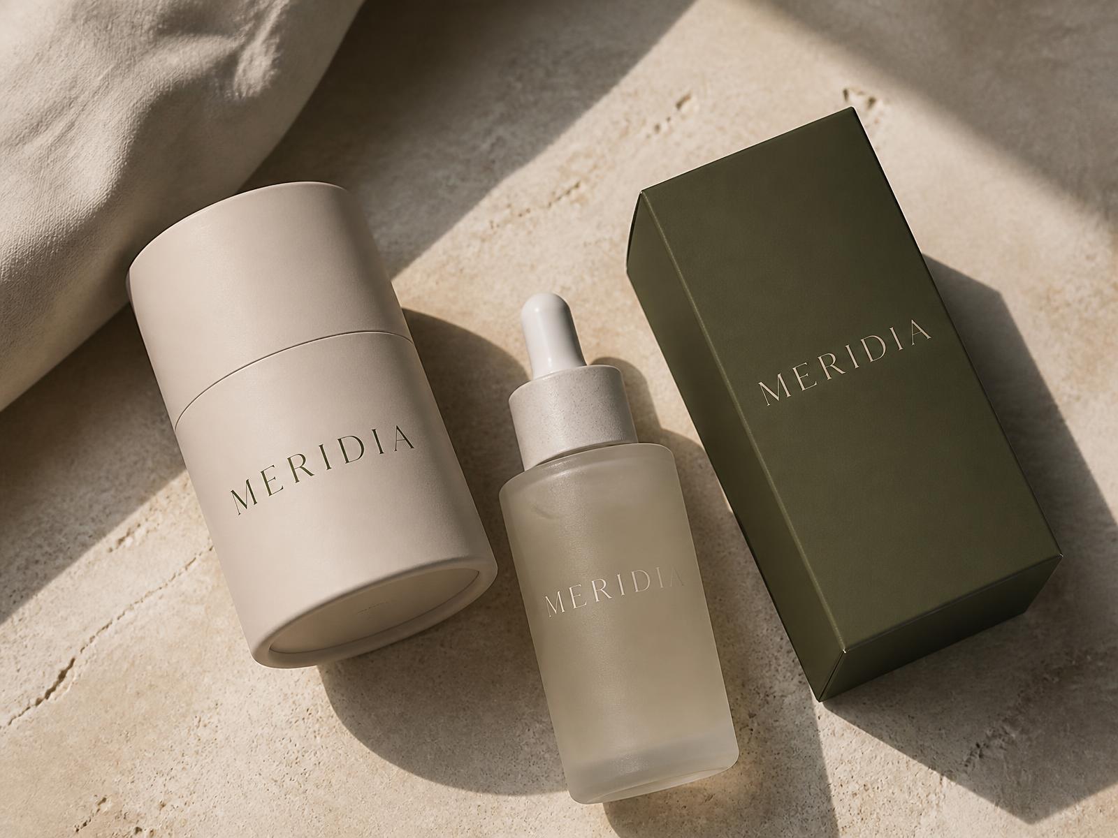 Meridia skincare packaging: sand-coloured jar, dropper bottle and olive carton