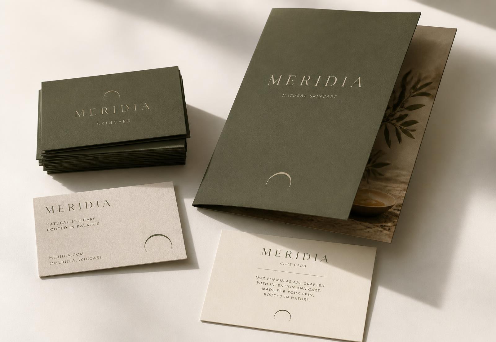 Meridia stationery: olive business cards, brochure and printed care card