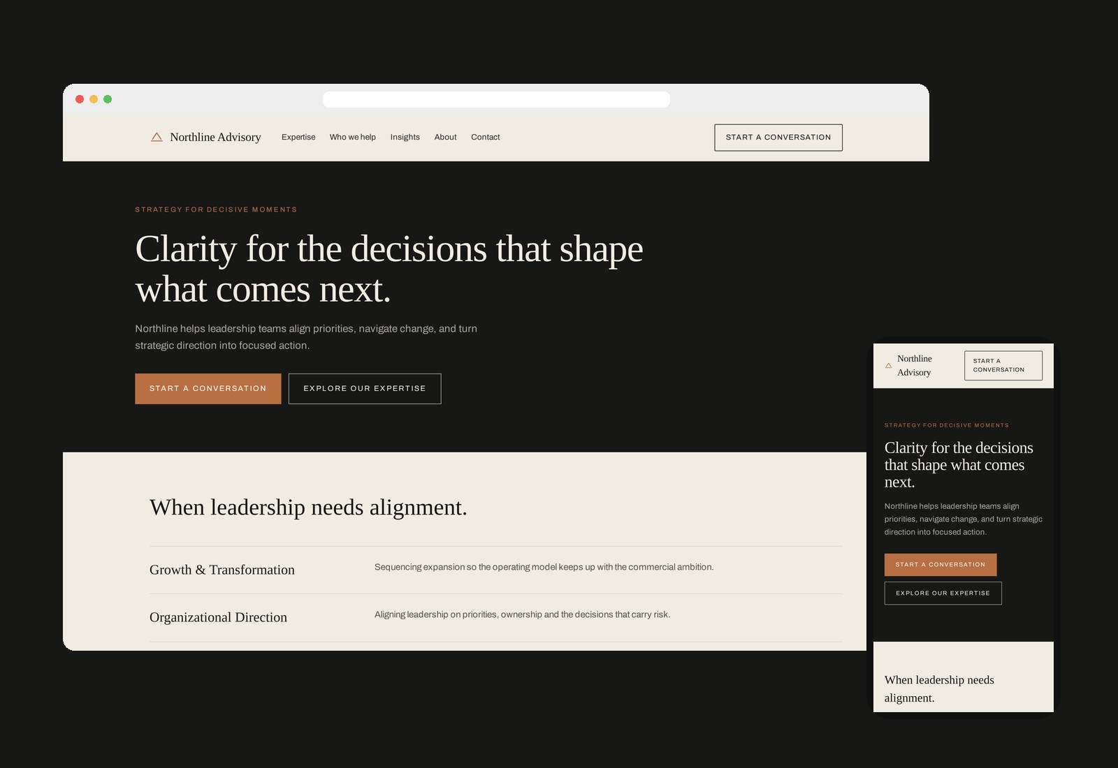 Northline Advisory concept: desktop hero in charcoal and copper next to a mobile services menu