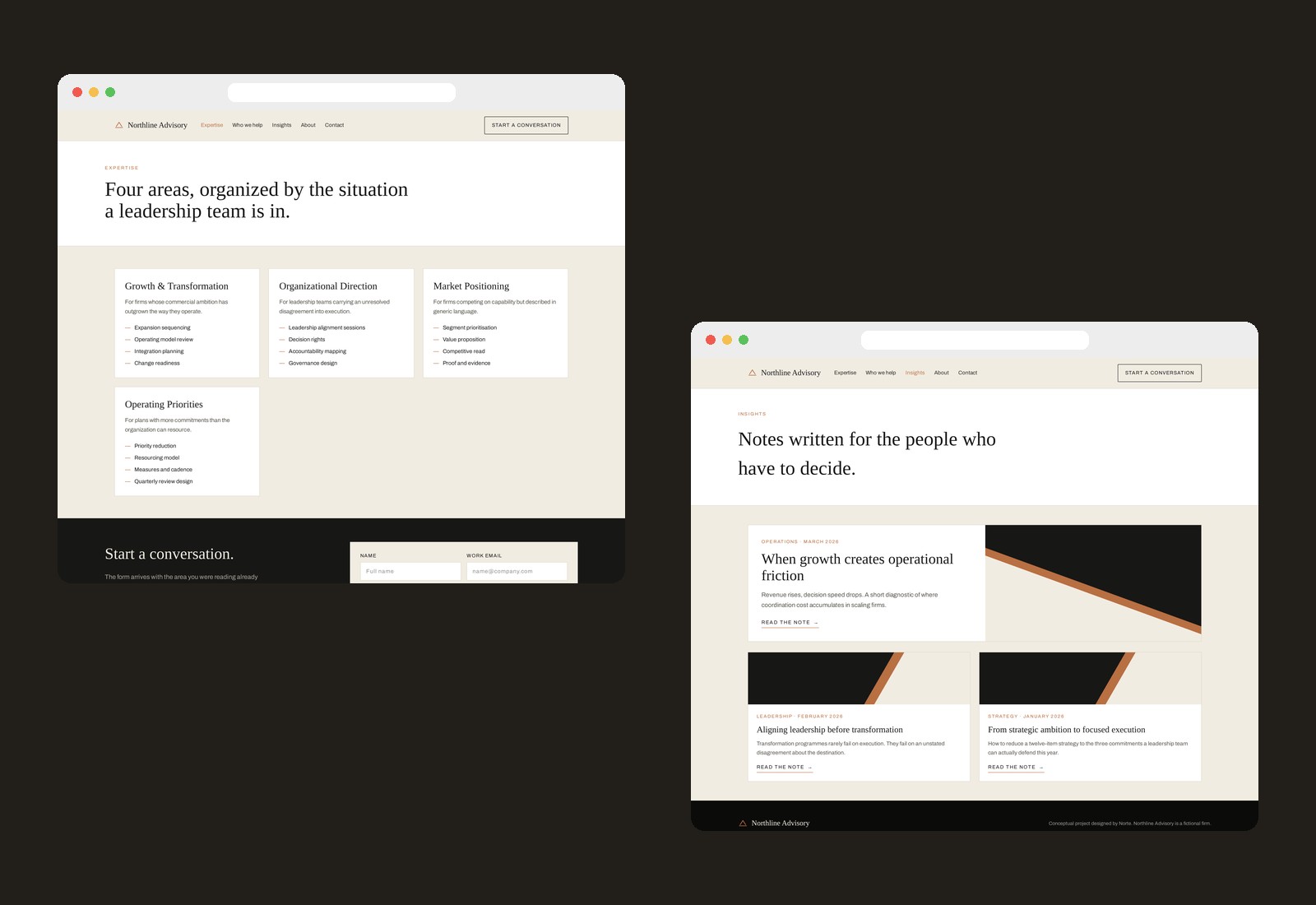 Northline Advisory design system boards: service landing layout, contextual contact form and colour and typography specimen